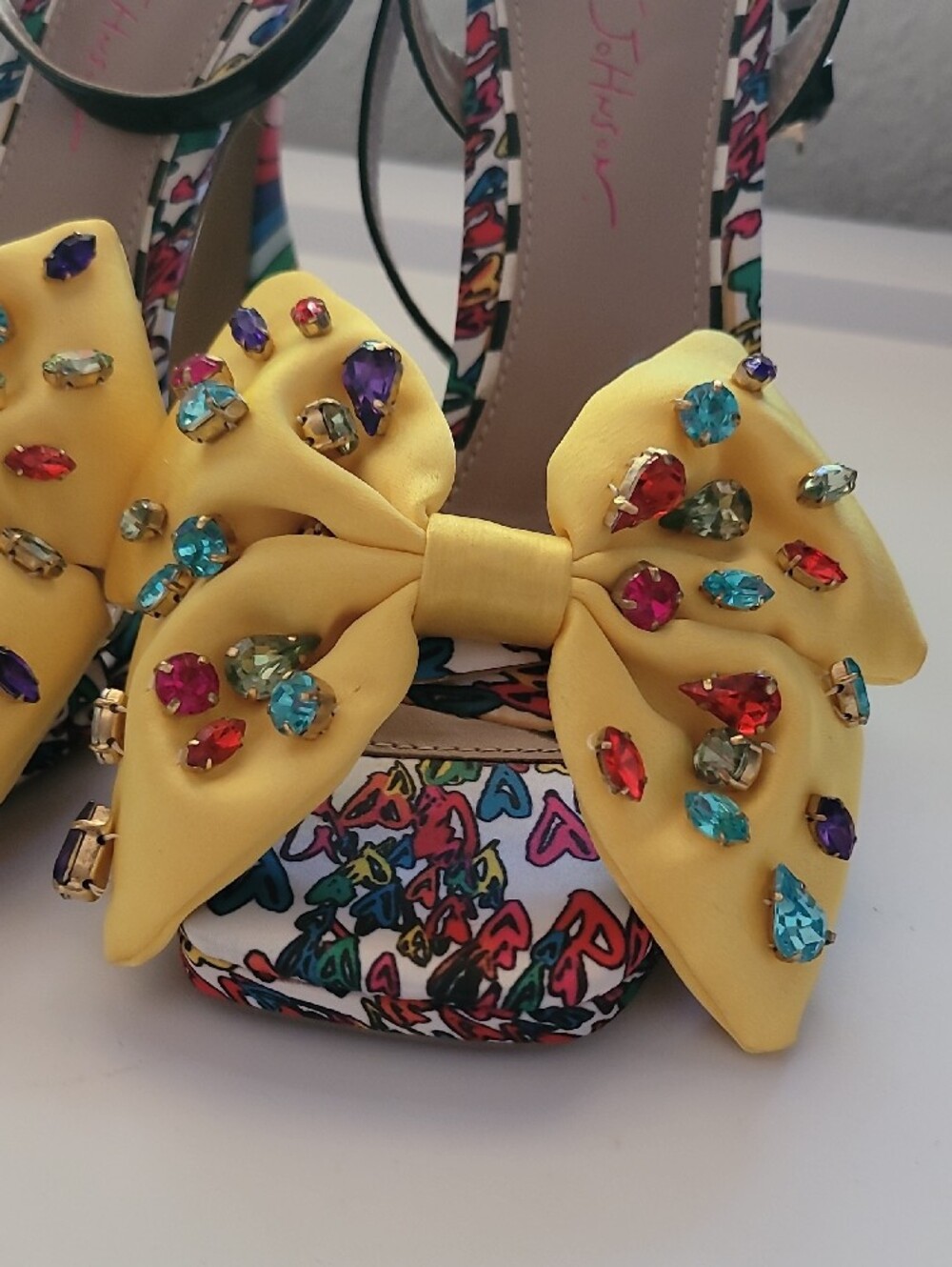 Betsey Johnson Yellow Bow Jeweled Ankle-Strap Peep-Toe RAINBOW  Heels - Picture 3 of 9